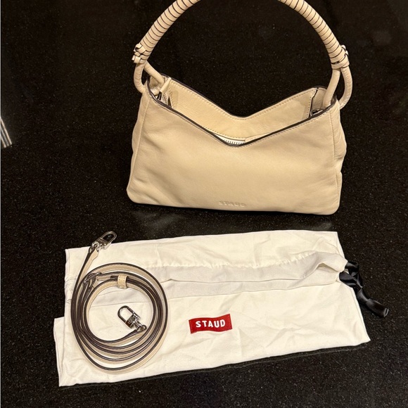 STAUD Valerie Cream Leather Shoulder Bag